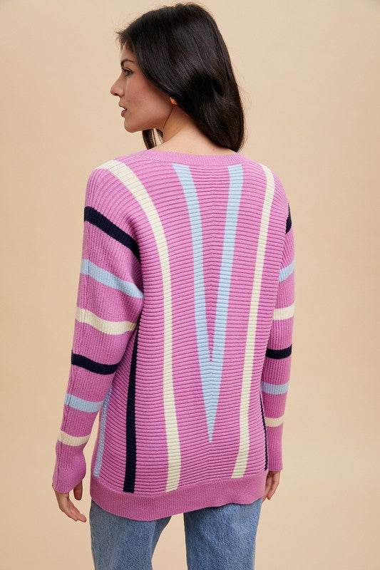 Annie Wear Chevron Stripe Round Neck Ribbed Sweater - Amexza