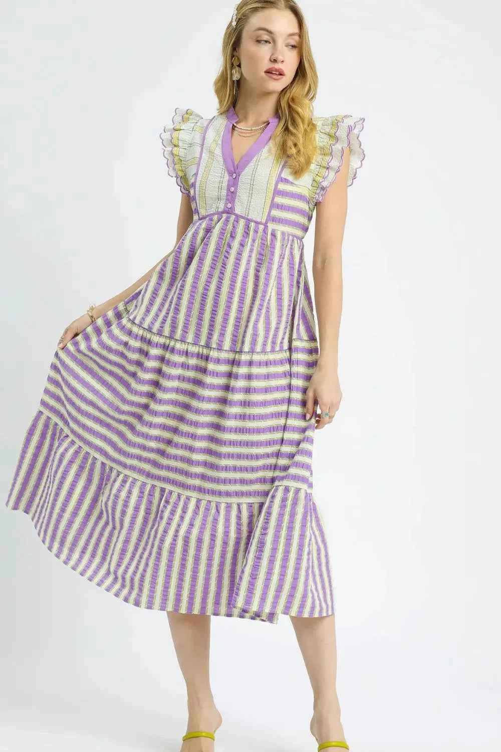 Umgee Striped Ruffle Cap Sleeve Midi Dress