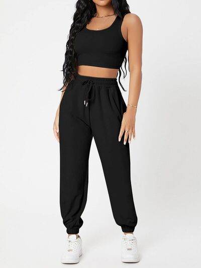 Wide Strap Top and Drawstring Joggers Set Black for a perfect OOTD – dress to impress outfits from Amexza