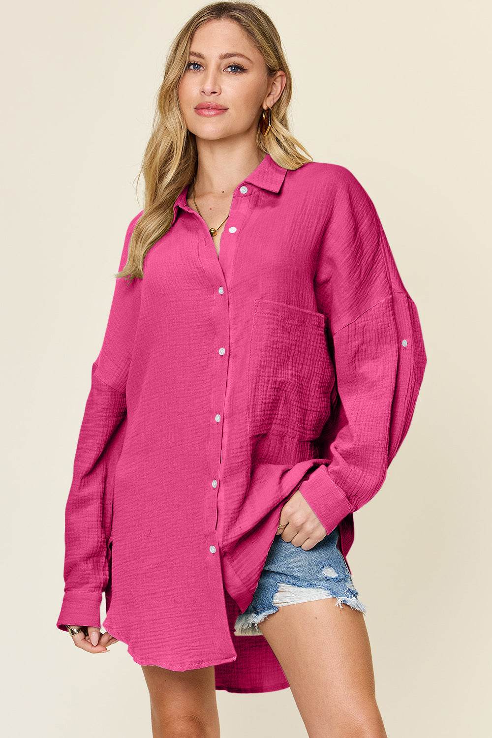 Double Take Full Size Pocketed Texture Button Up Shirt Hot Pink for a perfect OOTD – dress to impress outfits from Amexza