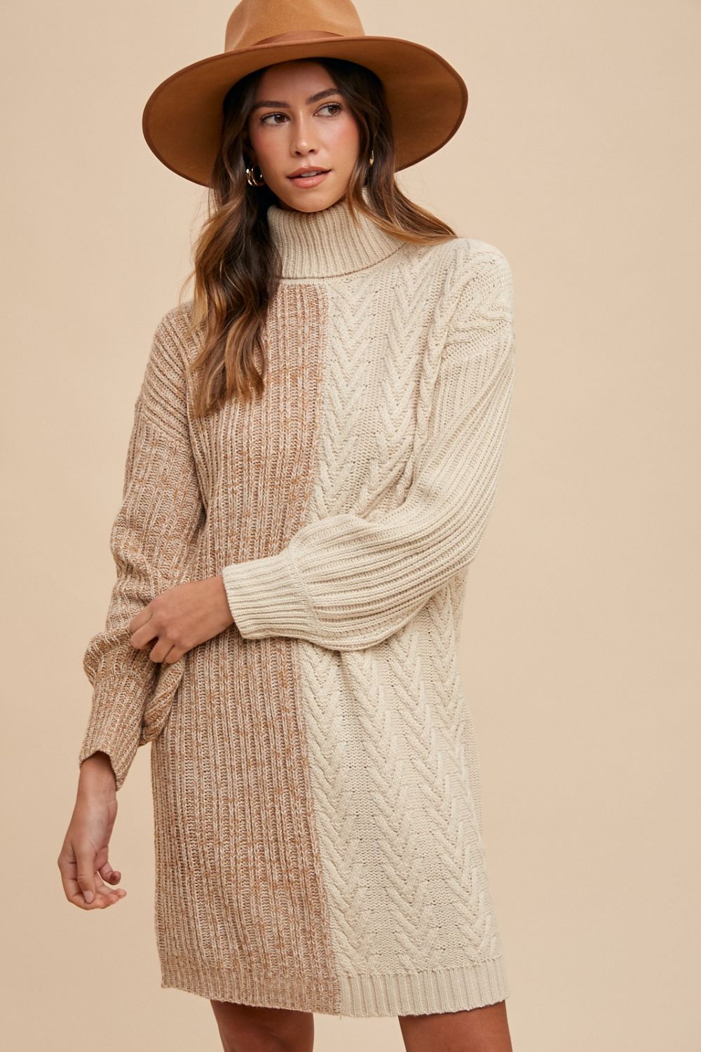 Annie Wear Color Block Turtleneck Sweater Dress Taupe for a perfect OOTD – dress to impress outfits from Amexza