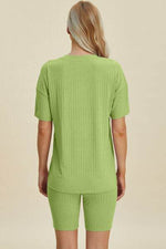 Basic Bae Full Size Ribbed V-Neck Short Sleeve Top and Shorts Set for a perfect OOTD – dress to impress outfits from Amexza