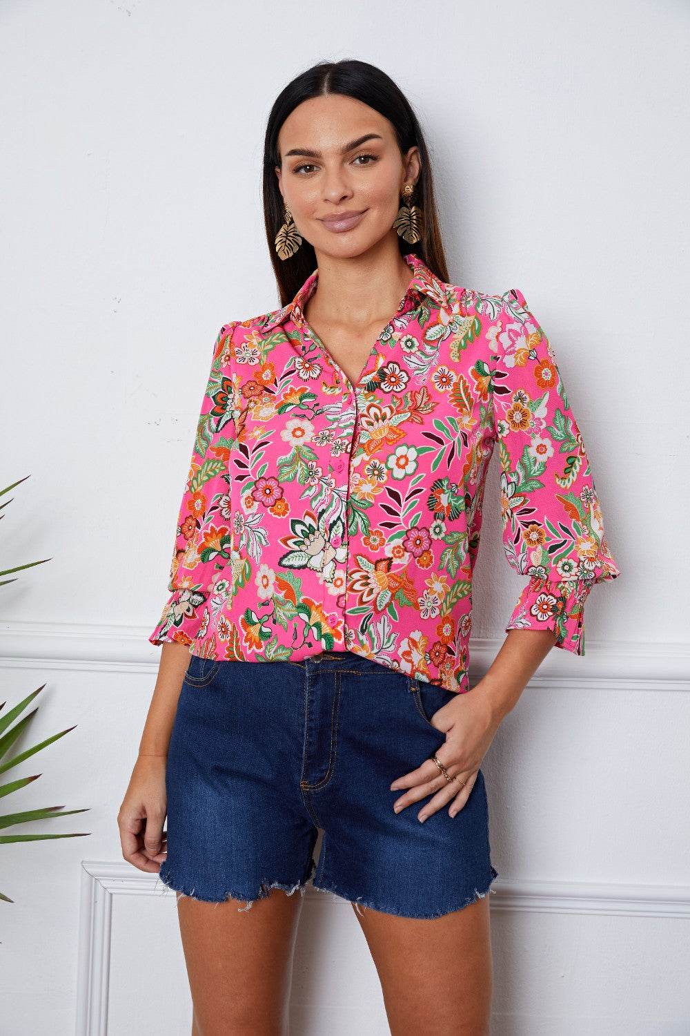 Floral Button Up Flounce Sleeve Shirt Deep Red for a perfect OOTD – dress to impress outfits from Amexza