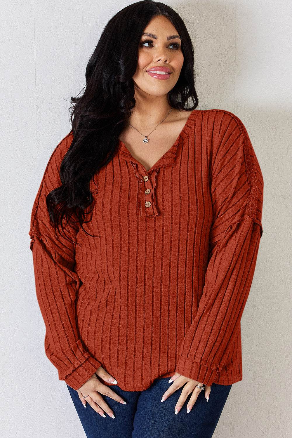 Basic Bae Full Size Ribbed Half Button Long Sleeve T-Shirt for a perfect OOTD – dress to impress outfits from Amexza