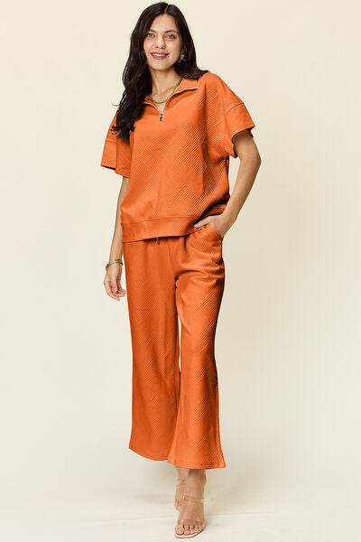 Double Take Full Size Texture Half Zip Short Sleeve Top and Pants Set Tangerine for a perfect OOTD – dress to impress outfits from Amexza