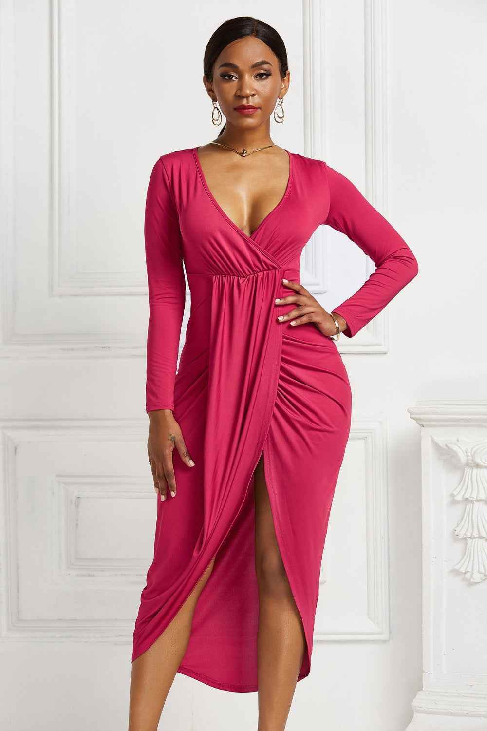 High-low Ruched Surplice Long Sleeve Dress for a perfect OOTD – dress to impress outfits from Amexza