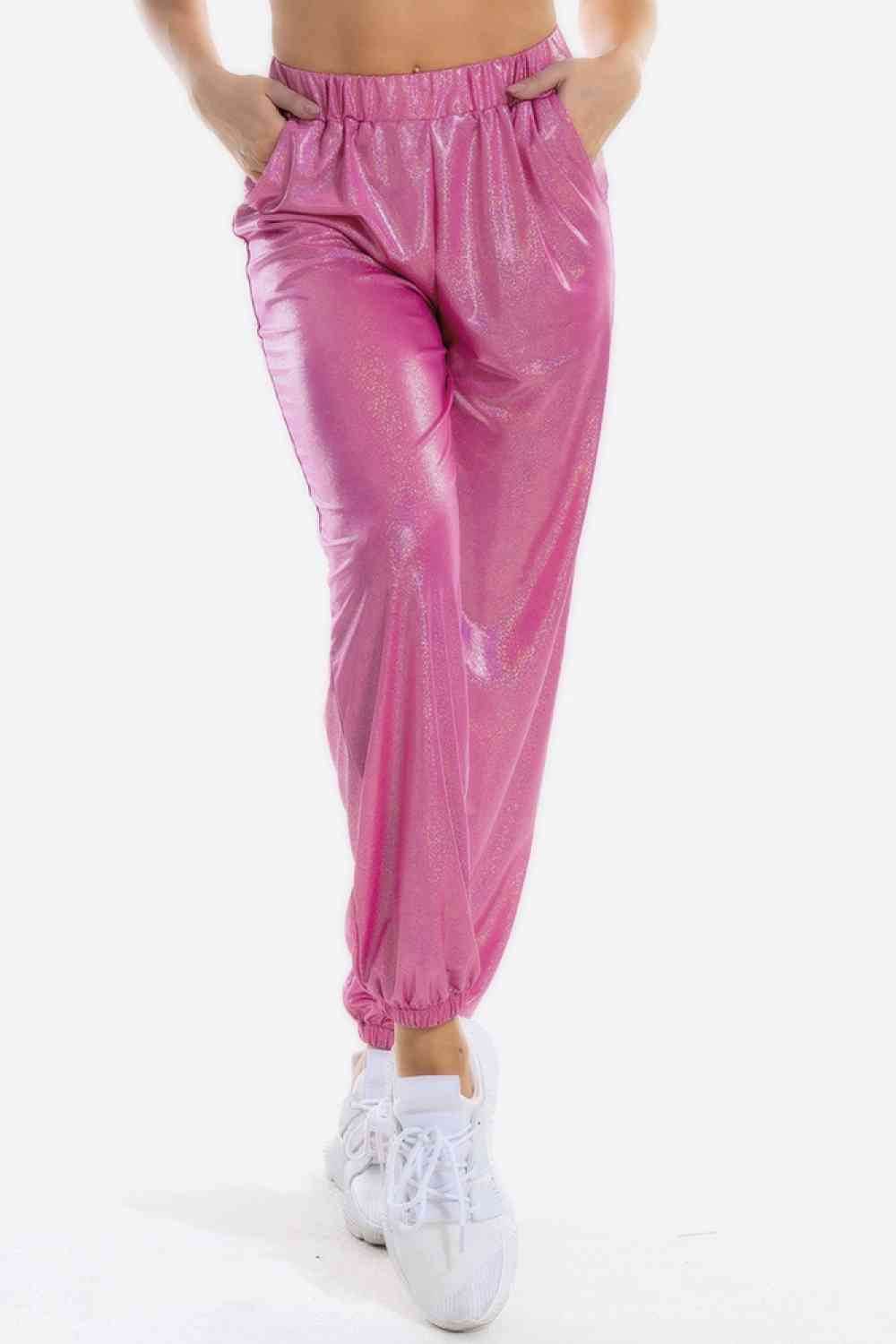 Glitter Elastic Waist Pants with Pockets Pink for a perfect OOTD – dress to impress outfits from Amexza