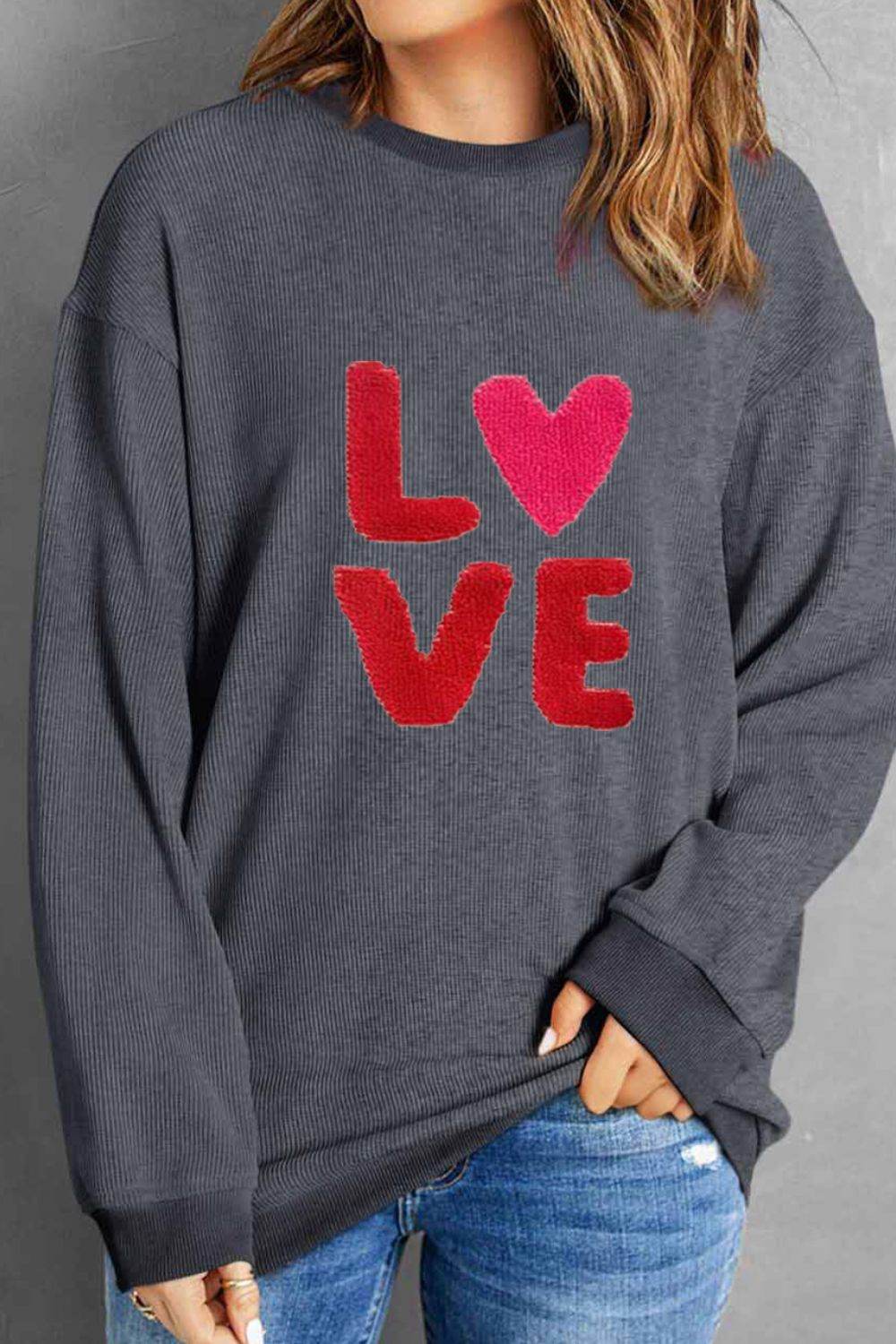 Valentine’s Day LOVE Round Neck Long Sleeve Sweatshirt for a perfect OOTD – dress to impress outfits from Amexza