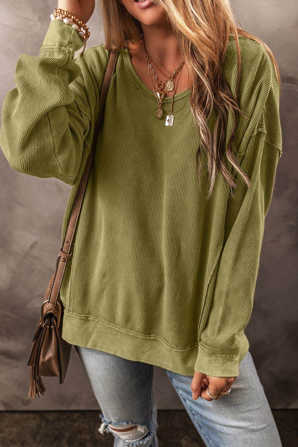 Textured Round Neck Long Sleeve Sweatshirt - Amexza