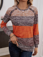 Decorative Button Contrast Round Neck Long Sleeve T-Shirt - Amexza