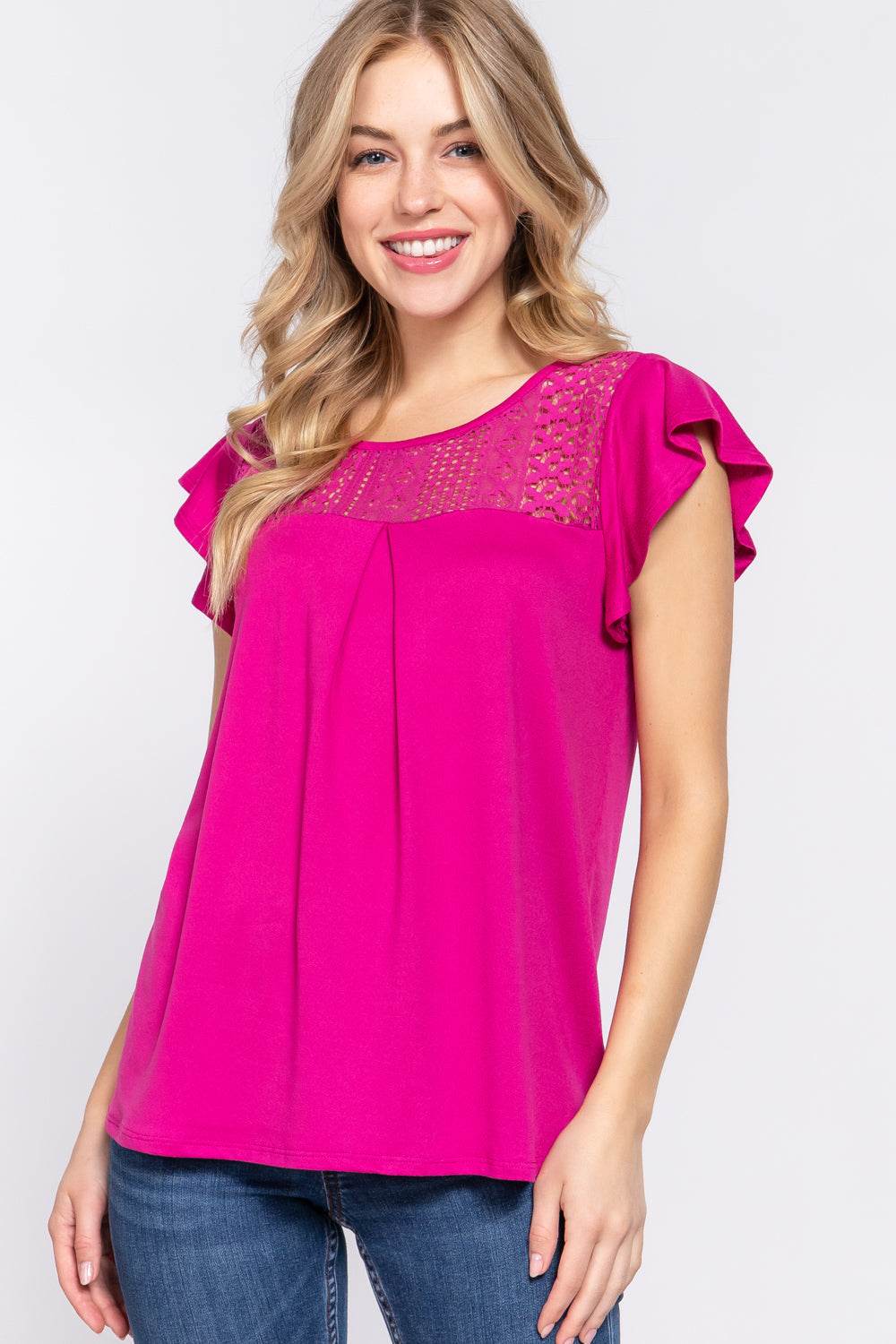 ACTIVE BASIC Ruffle Short Sleeve Lace Detail Knit Top MAGENTA for a perfect OOTD – dress to impress outfits from Amexza