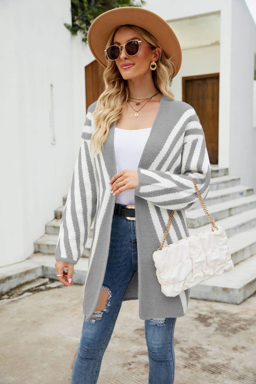 Woven Right Two-Tone Open Front Fuzzy Longline Cardigan Gray for a perfect OOTD – dress to impress outfits from Amexza