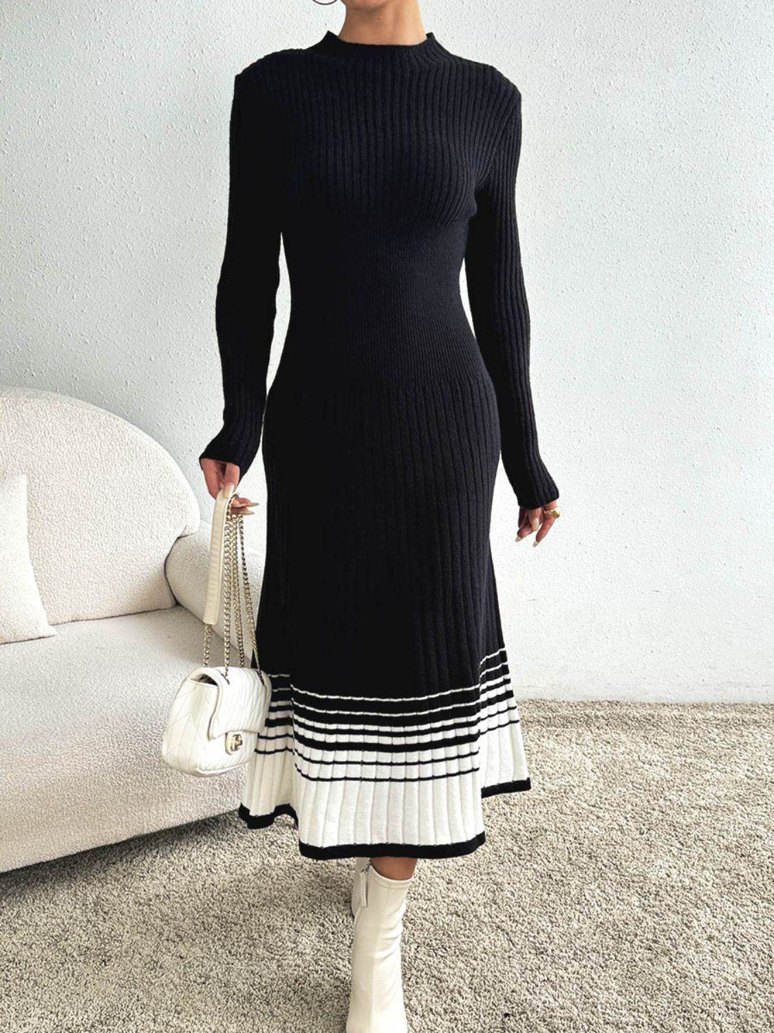 Contrast Mock Neck Long Sleeve Sweater Dress Black for a perfect OOTD – dress to impress outfits from Amexza