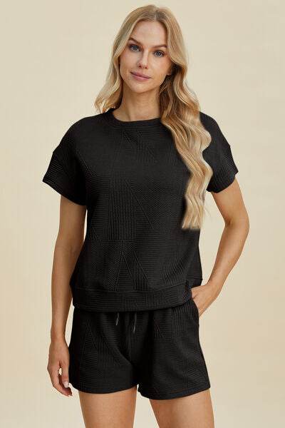 Double Take Full Size Texture Short Sleeve Top and Shorts Set for a perfect OOTD – dress to impress outfits from Amexza