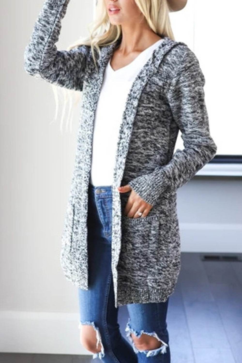 Heathered Open Front Cardigan with Pockets for a perfect OOTD – dress to impress outfits from Amexza