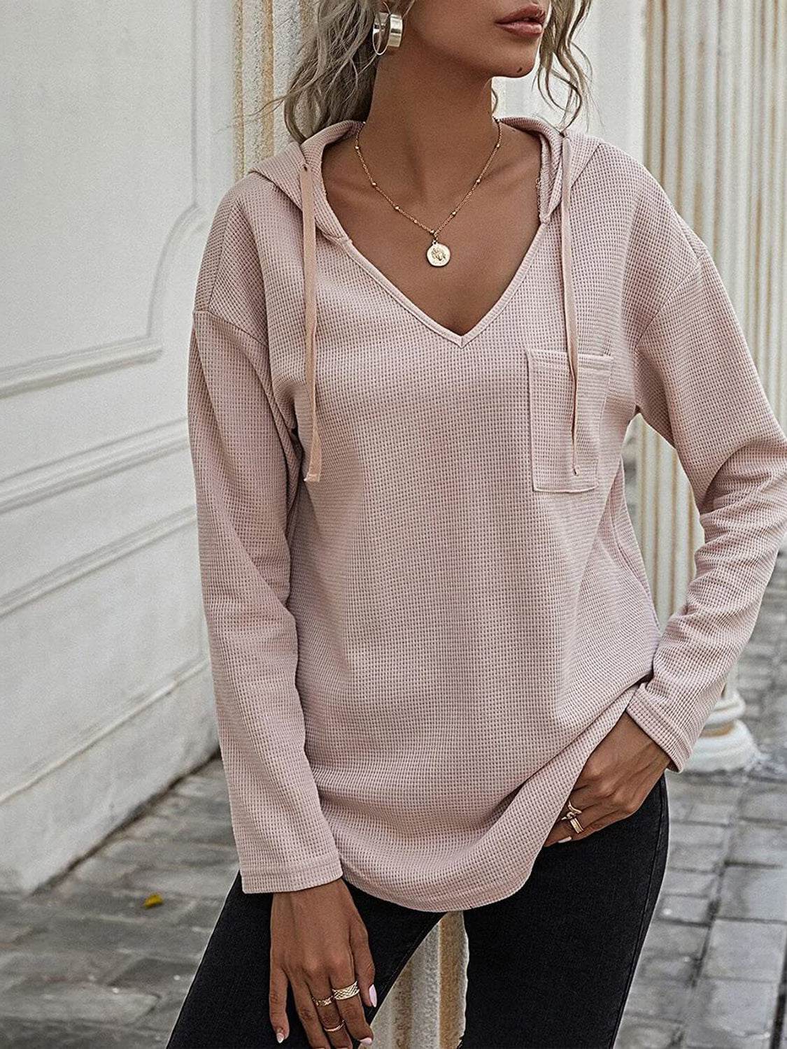 Drawstring Waffle Knit Long Sleeve Hooded Top Pale Blush for a perfect OOTD – dress to impress outfits from Amexza