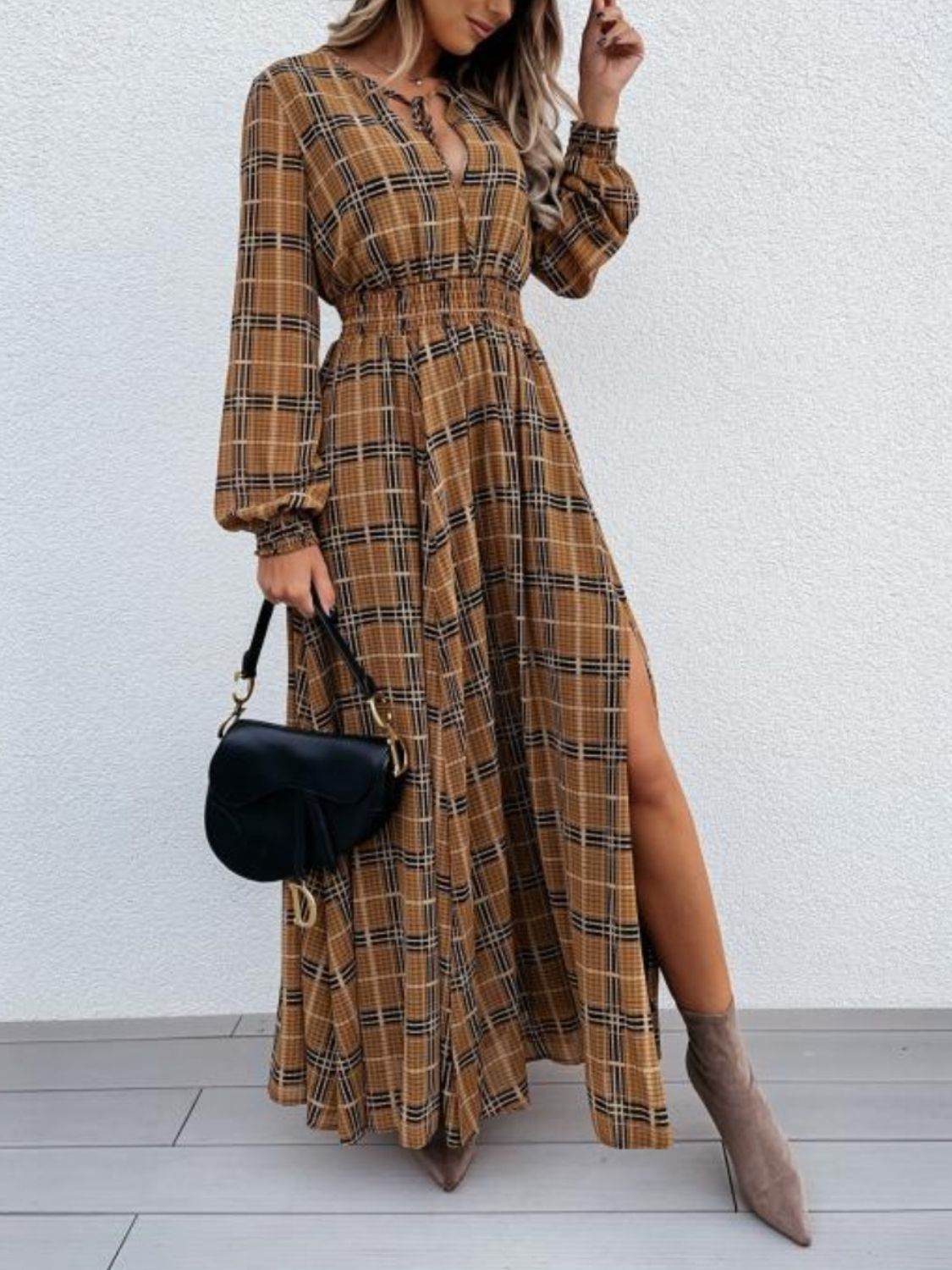 Slit Plaid Tie Neck Long Sleeve Maxi Dress - Amexza