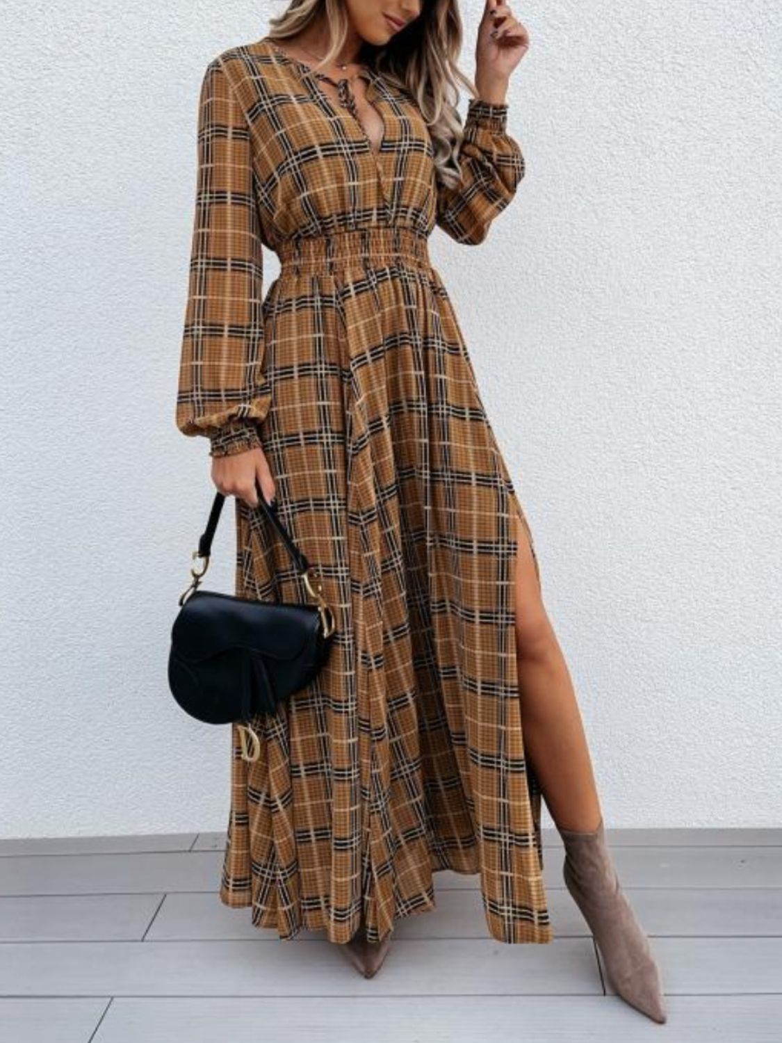 Slit Plaid Tie Neck Long Sleeve Maxi Dress - Camel / S