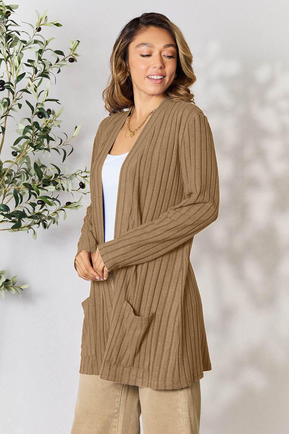 Basic Bae Full Size Ribbed Open Front Cardigan with Pockets for a perfect OOTD – dress to impress outfits from Amexza