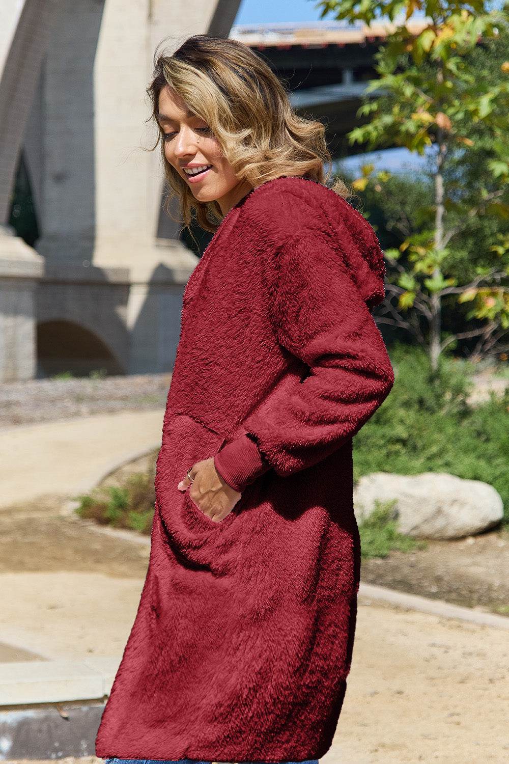 Double Take Full Size Hooded Teddy Bear Jacket with Thumbholes for a perfect OOTD – dress to impress outfits from Amexza