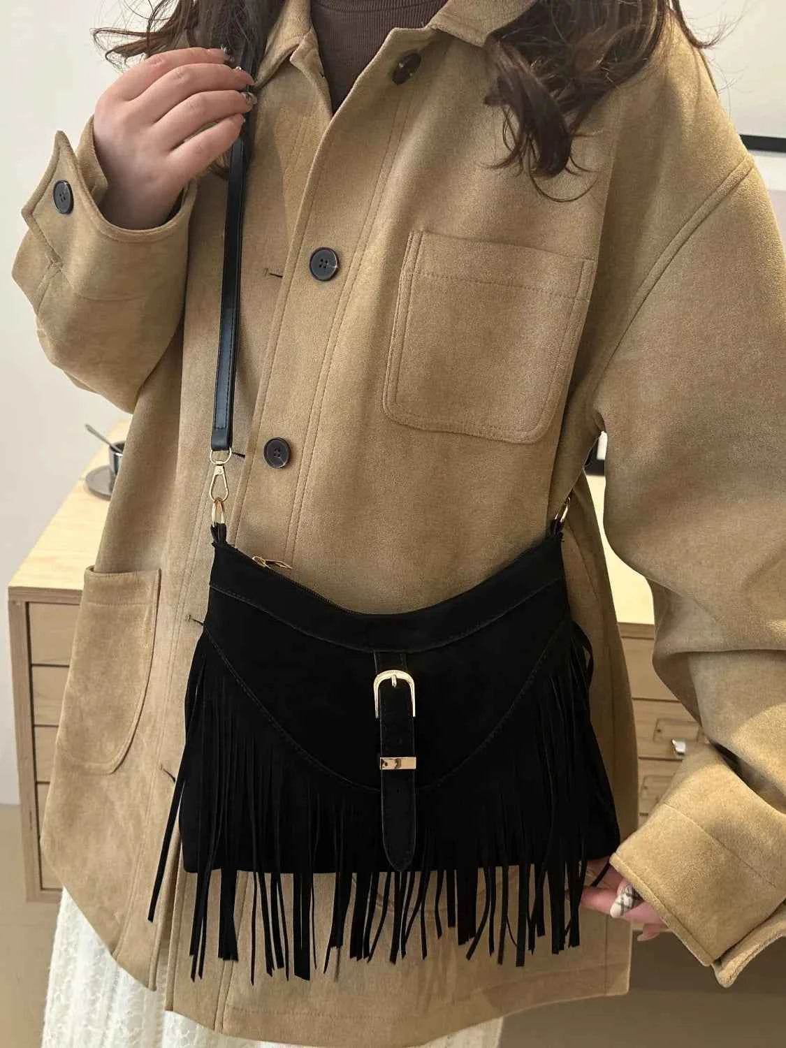 Fringe Solid Color Shoulder Bag Black One Size for a perfect OOTD – dress to impress outfits from Amexza