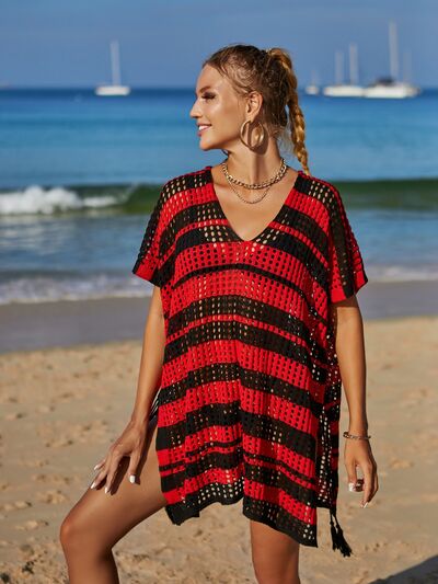 Angel Wings Tassel Openwork Striped V-Neck Cover Up for a perfect OOTD – dress to impress outfits from Amexza