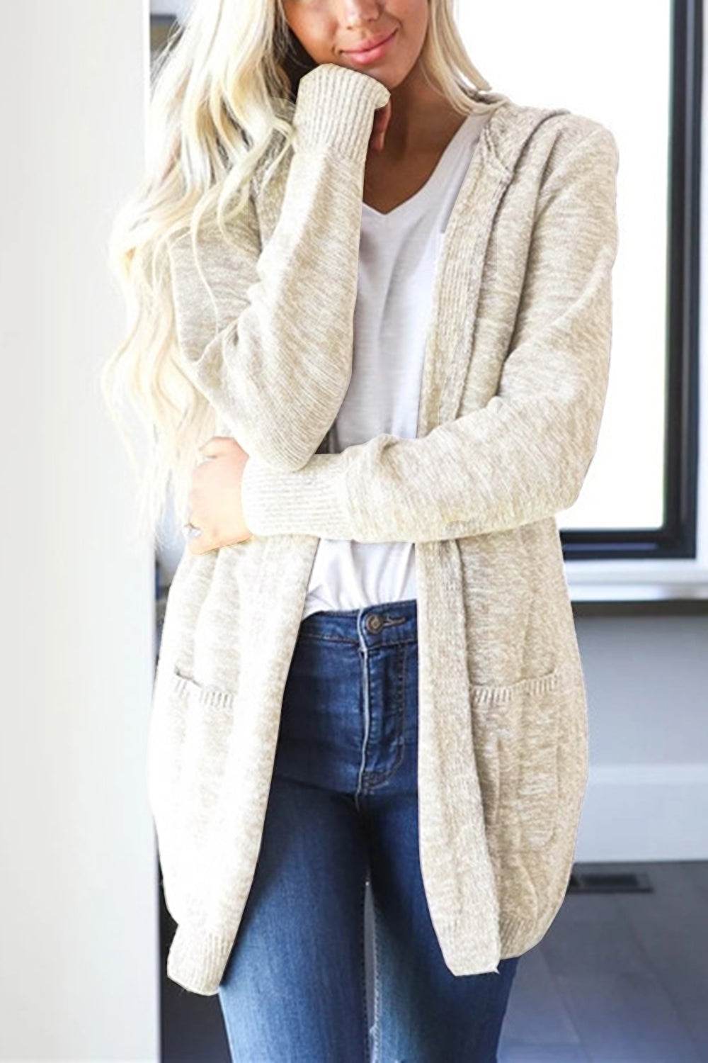 Heathered Open Front Cardigan with Pockets Beige for a perfect OOTD – dress to impress outfits from Amexza