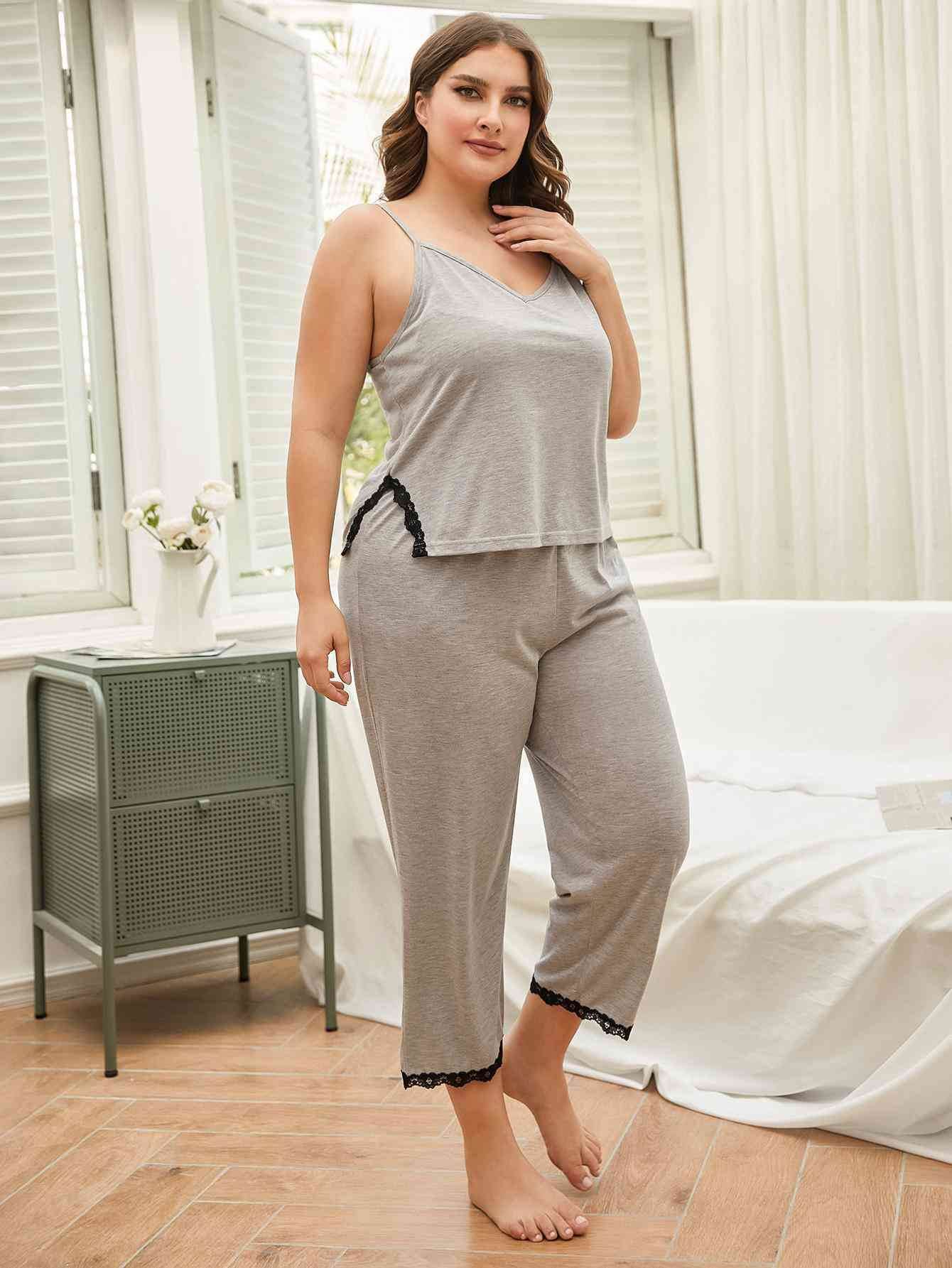 Plus Size Lace Trim Slit Cami and Pants Pajama Set for a perfect OOTD – dress to impress outfits from Amexza