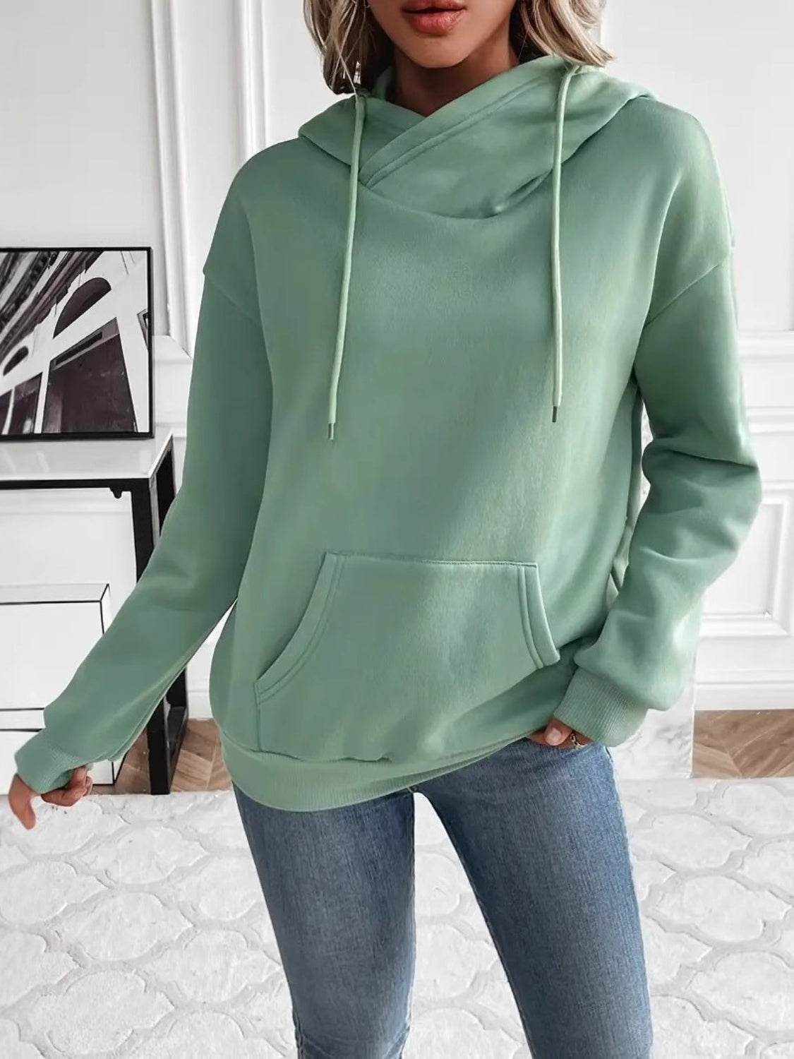 Drawstring Long Sleeve Hoodie with Kangaroo Pocket for a perfect OOTD – dress to impress outfits from Amexza