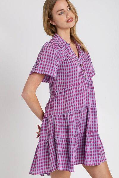 Umgee Full Size Gingham Tiered Button Detail Short Sleeve Dress Plus Size for a perfect OOTD – dress to impress outfits from Amexza