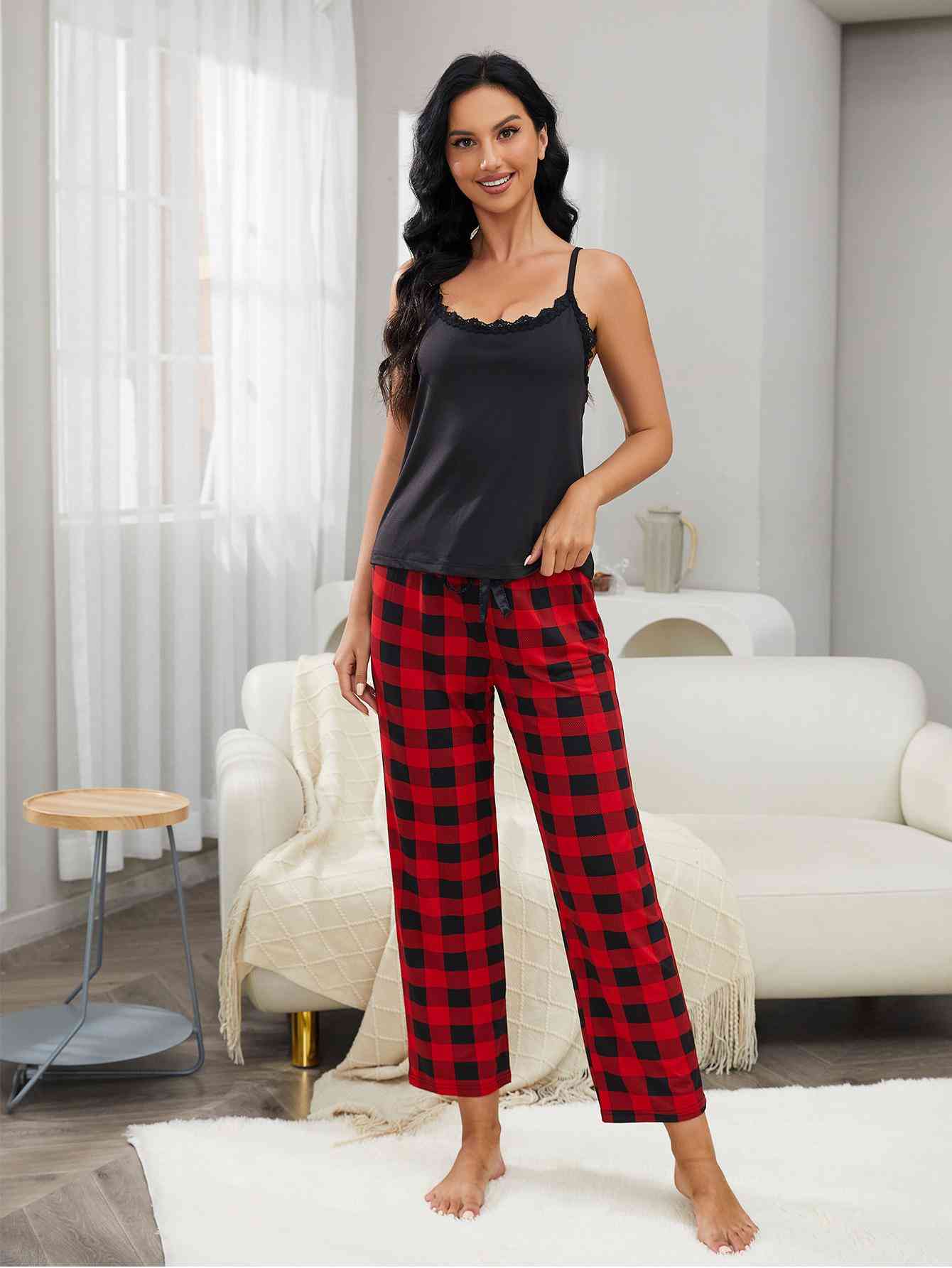 Lace Trim Cami and Plaid Pants Lounge Set for a perfect OOTD – dress to impress outfits from Amexza