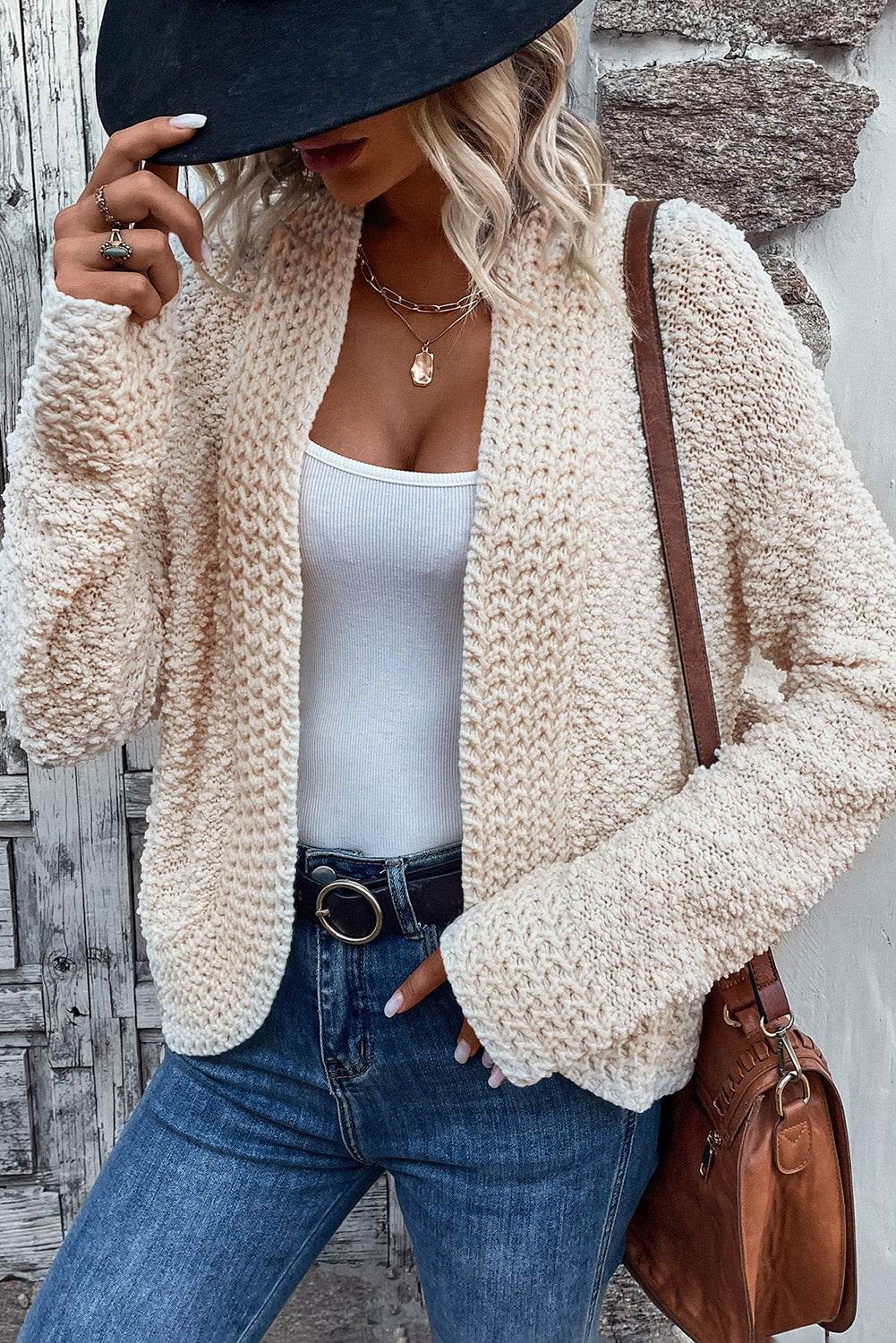 Solid Color Open Front Cardigan Cream for a perfect OOTD – dress to impress outfits from Amexza