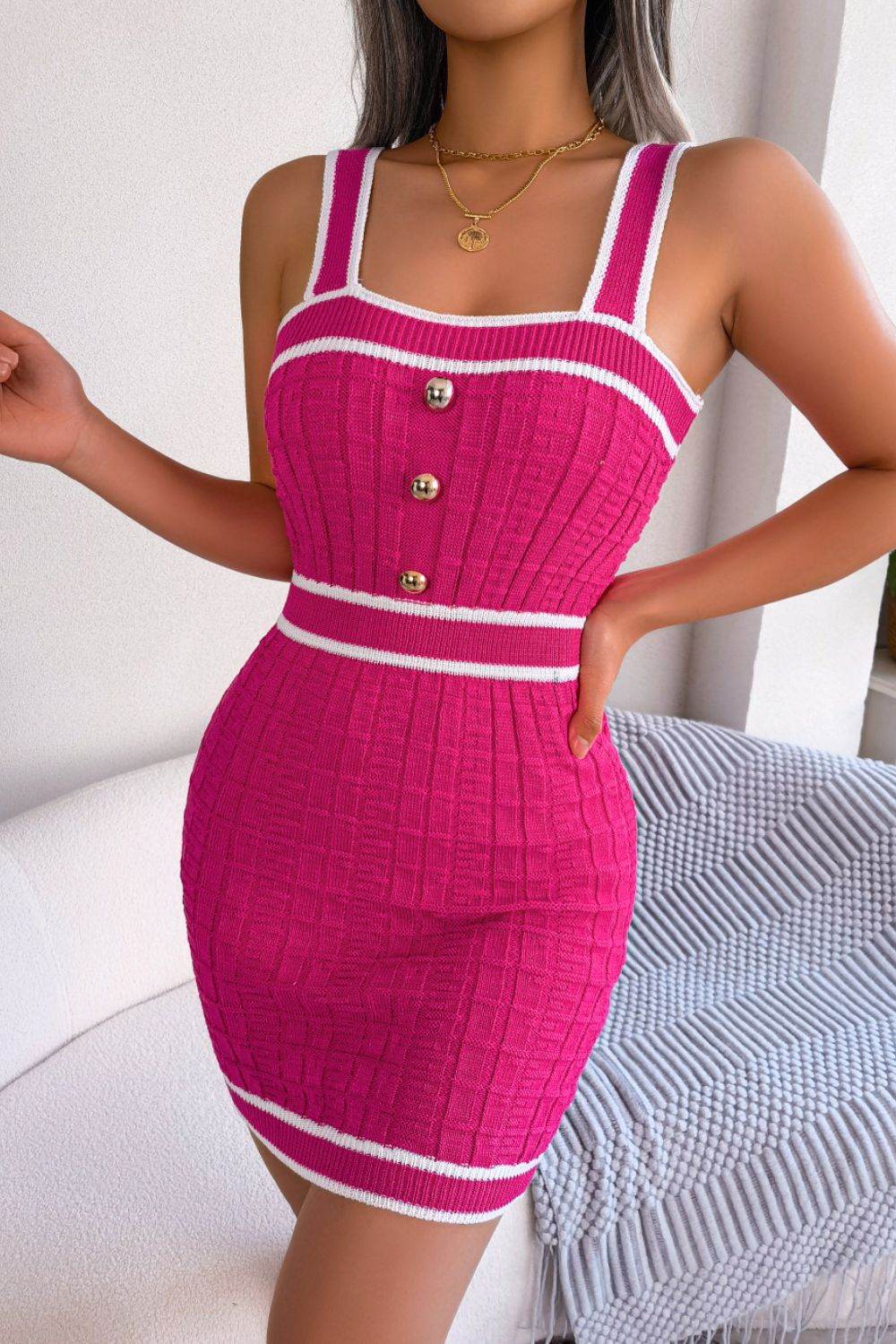 Contrast Trim Decorative Button Sleeveless Knit Dress Hot Pink for a perfect OOTD – dress to impress outfits from Amexza