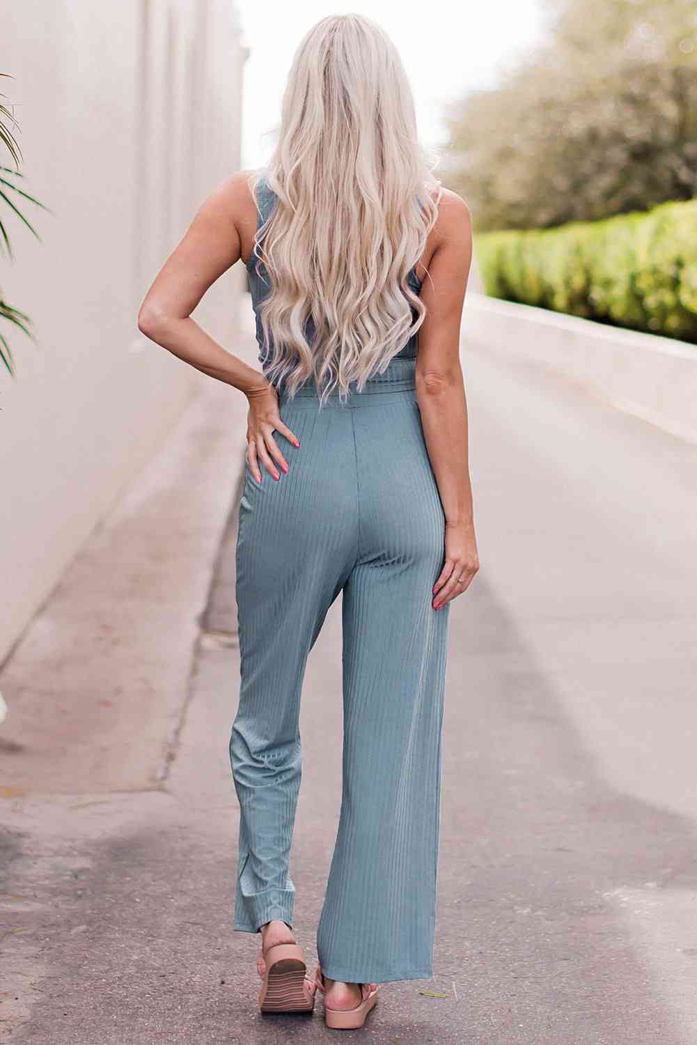 Notched Neck Tank Top and Tie Waist Wide Leg Long Pants Lounge Set for a perfect OOTD – dress to impress outfits from Amexza