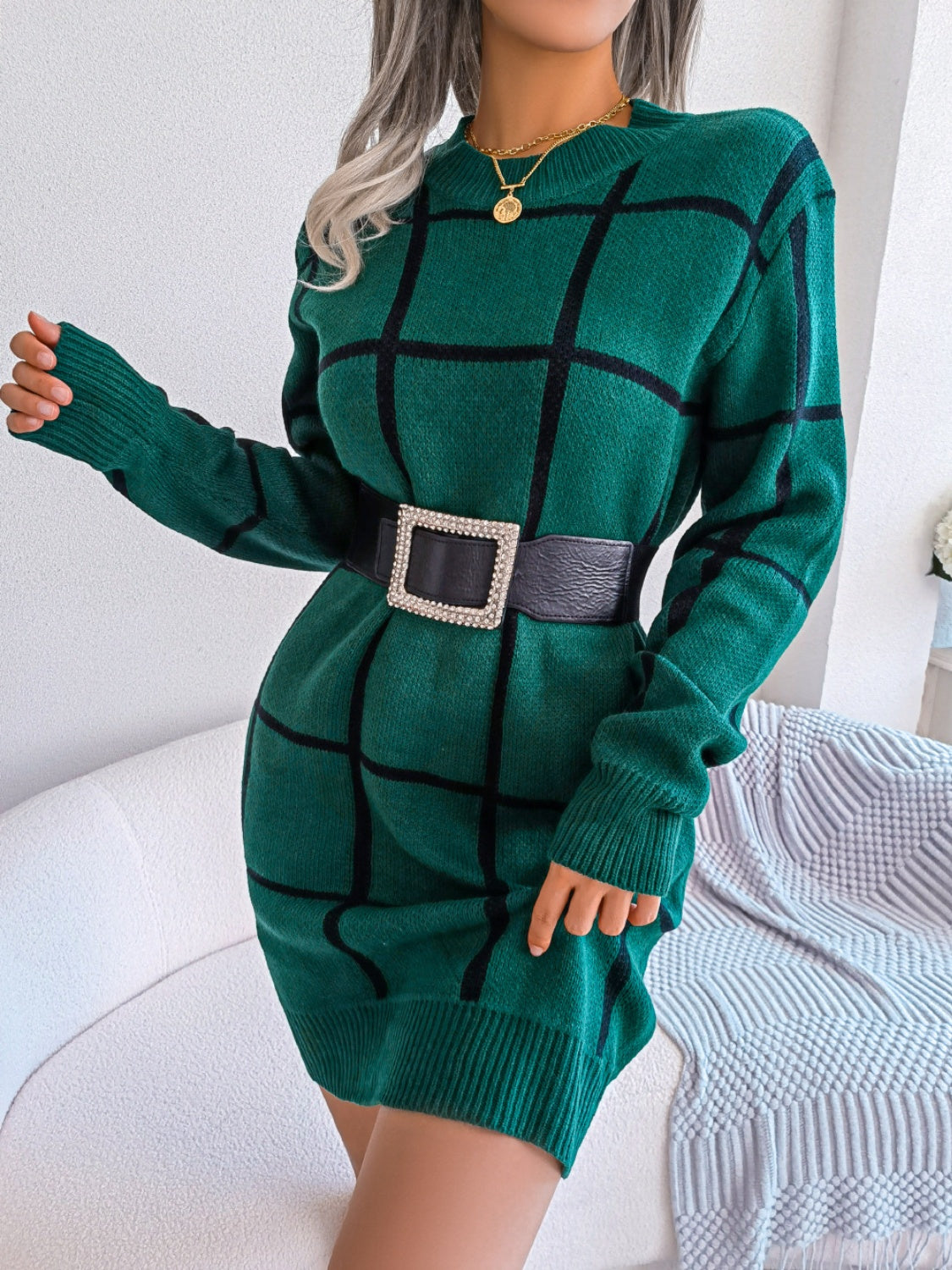 Plaid Round Neck Dropped Shoulder Sweater Dress for a perfect OOTD – dress to impress outfits from Amexza