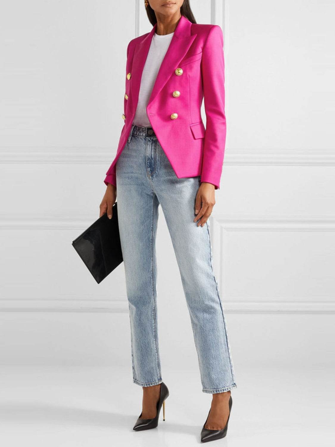 Lapel Collar Long Sleeve Blazer - Amexza