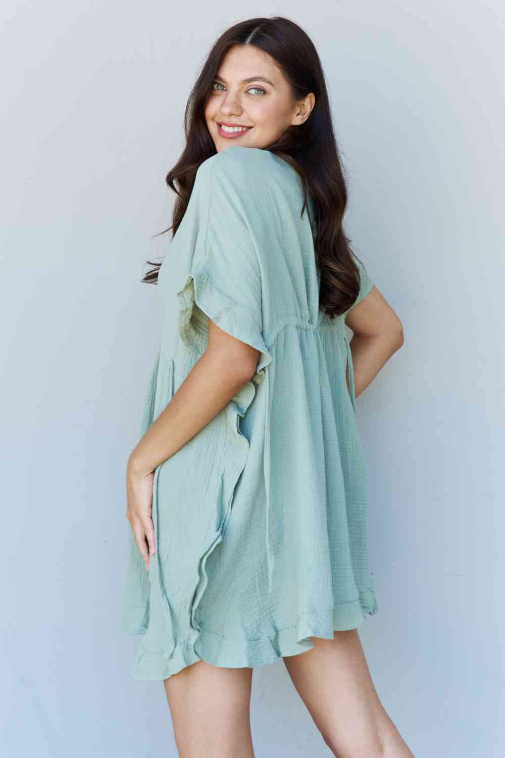 Ninexis Out Of Time Full Size Ruffle Hem Dress with Drawstring Waistband in Light Sage for a perfect OOTD – dress to impress outfits from Amexza