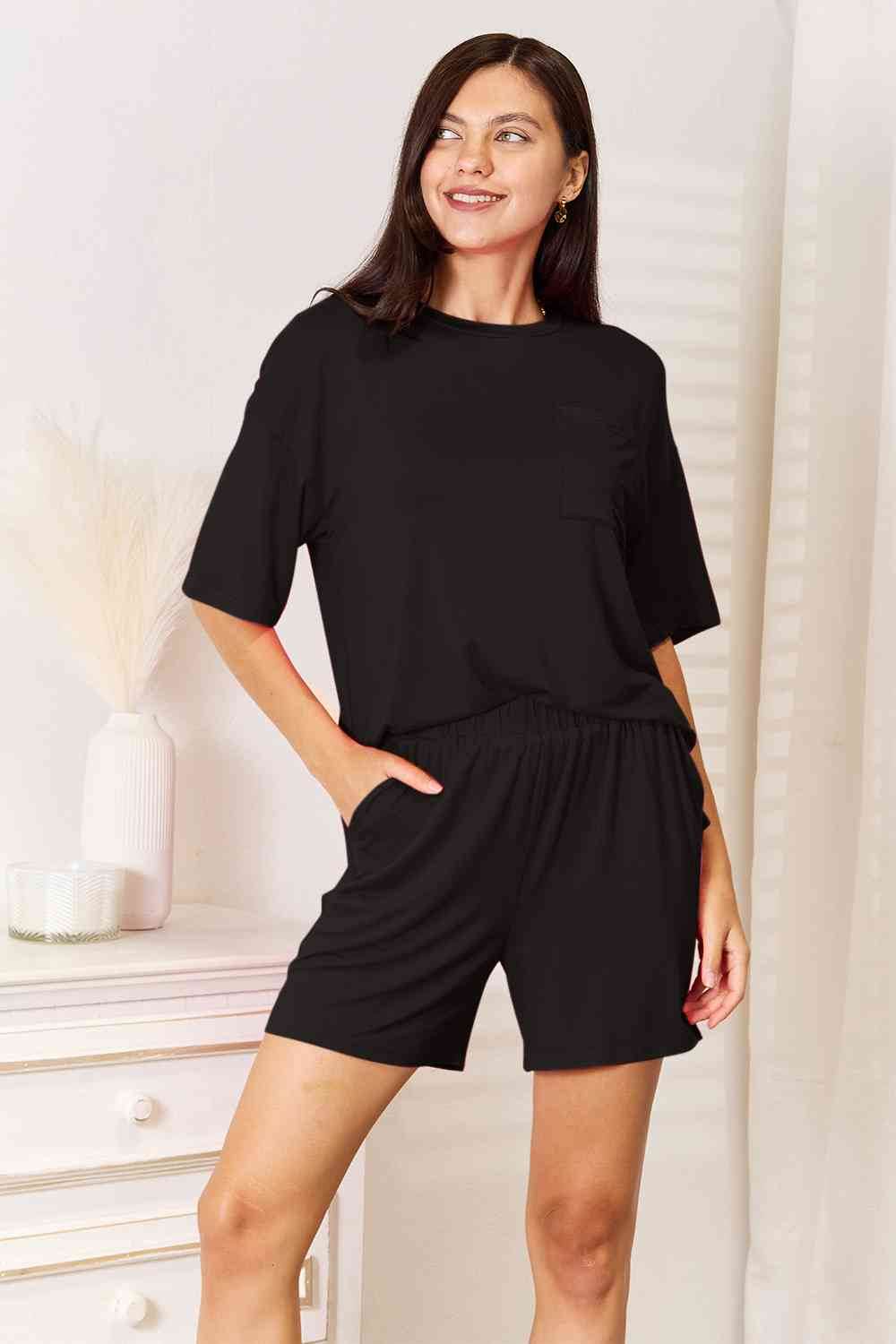 Basic Bae Full Size Soft Rayon Half Sleeve Top and Shorts Set Black for a perfect OOTD – dress to impress outfits from Amexza