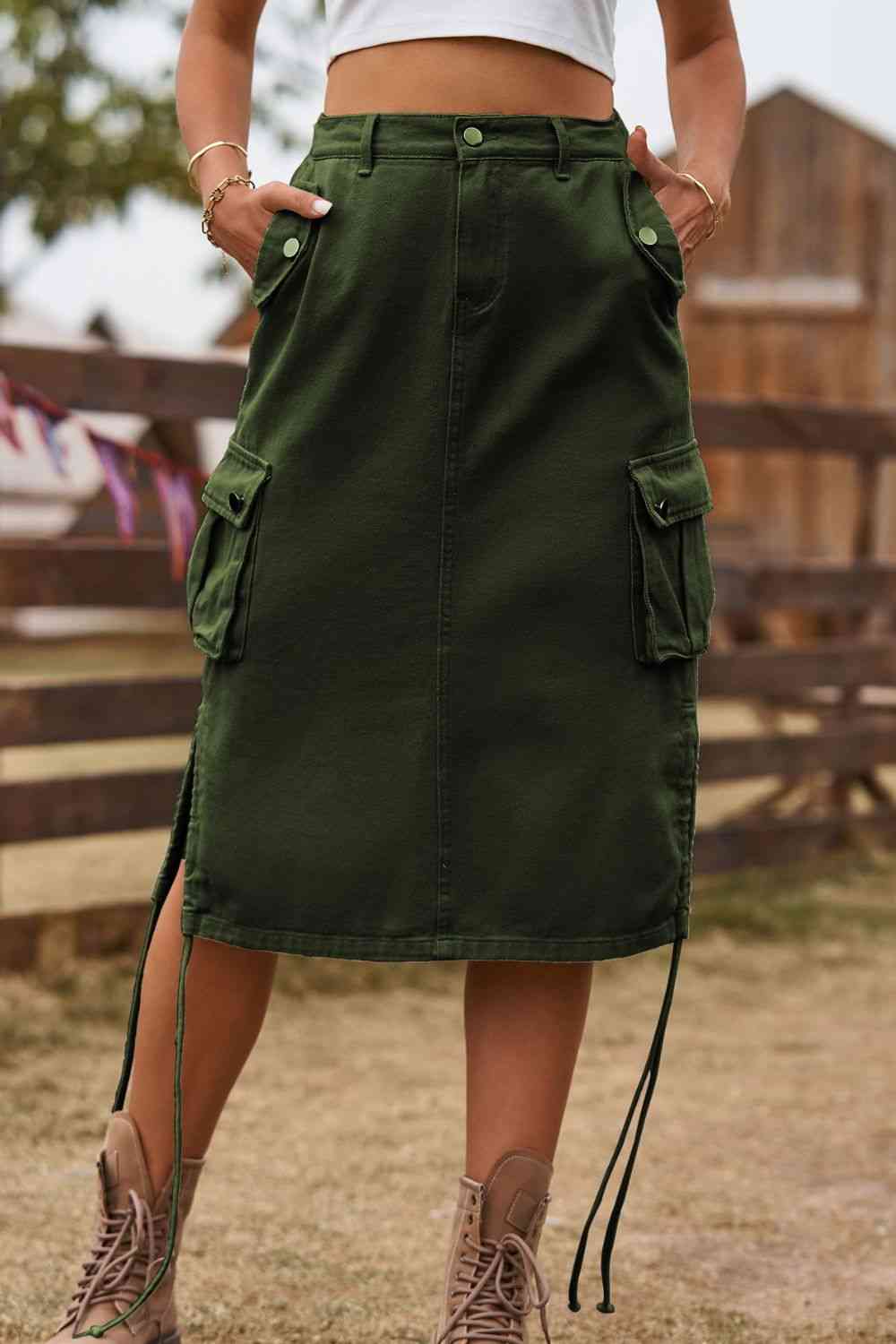 Drawstring Denim Cargo Skirt Army Green for a perfect OOTD – dress to impress outfits from Amexza