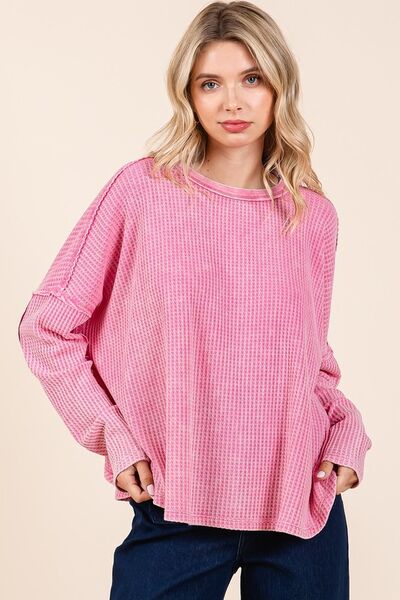 Mittoshop Waffle-Knit Exposed Seam Round Neck Top BARBIE PINK for a perfect OOTD – dress to impress outfits from Amexza