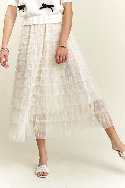 ADORA Elastic Waist Layered Mesh Midi Skirt Beige for a perfect OOTD – dress to impress outfits from Amexza