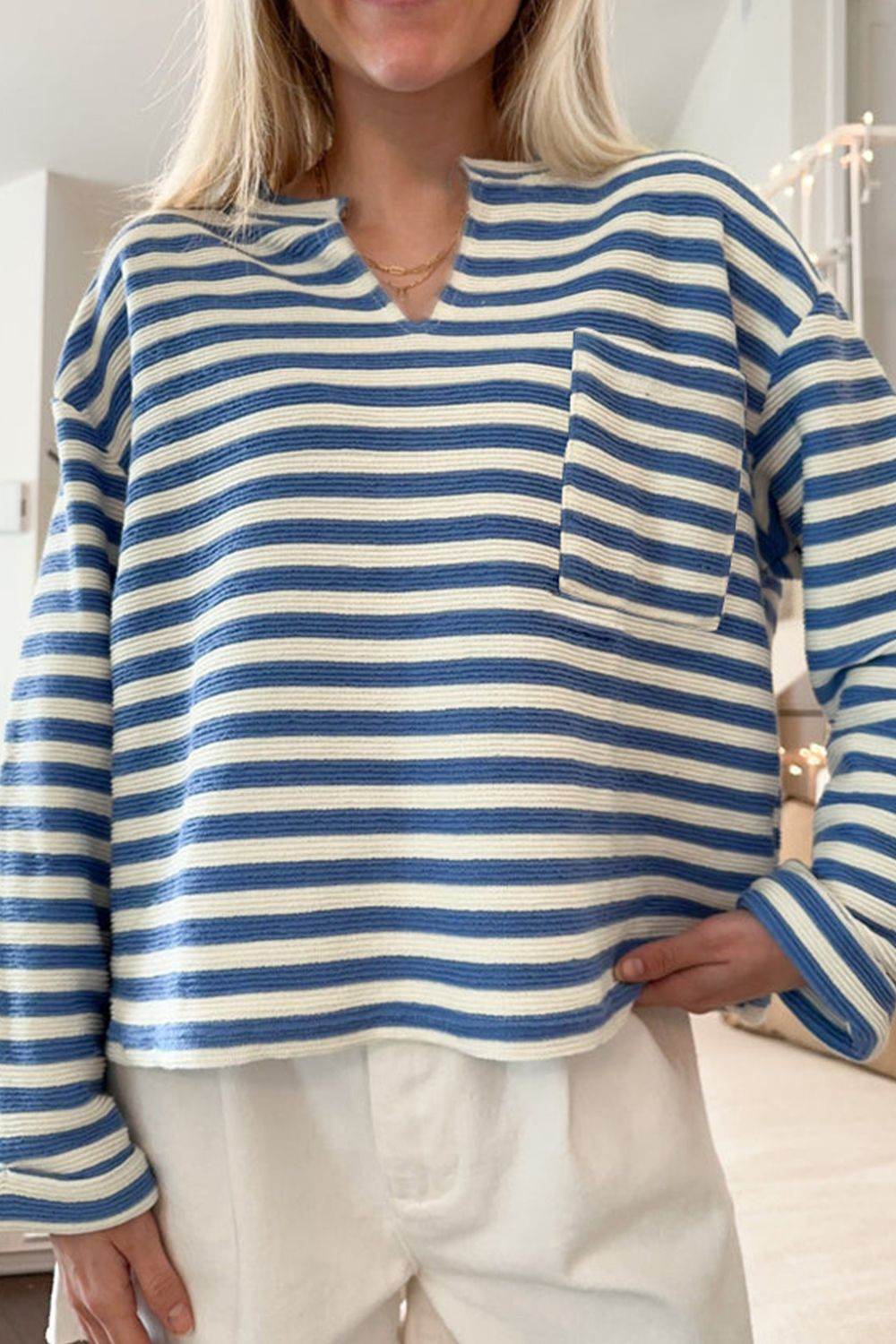 Stripe Chest Pocket Notched Top - Amexza