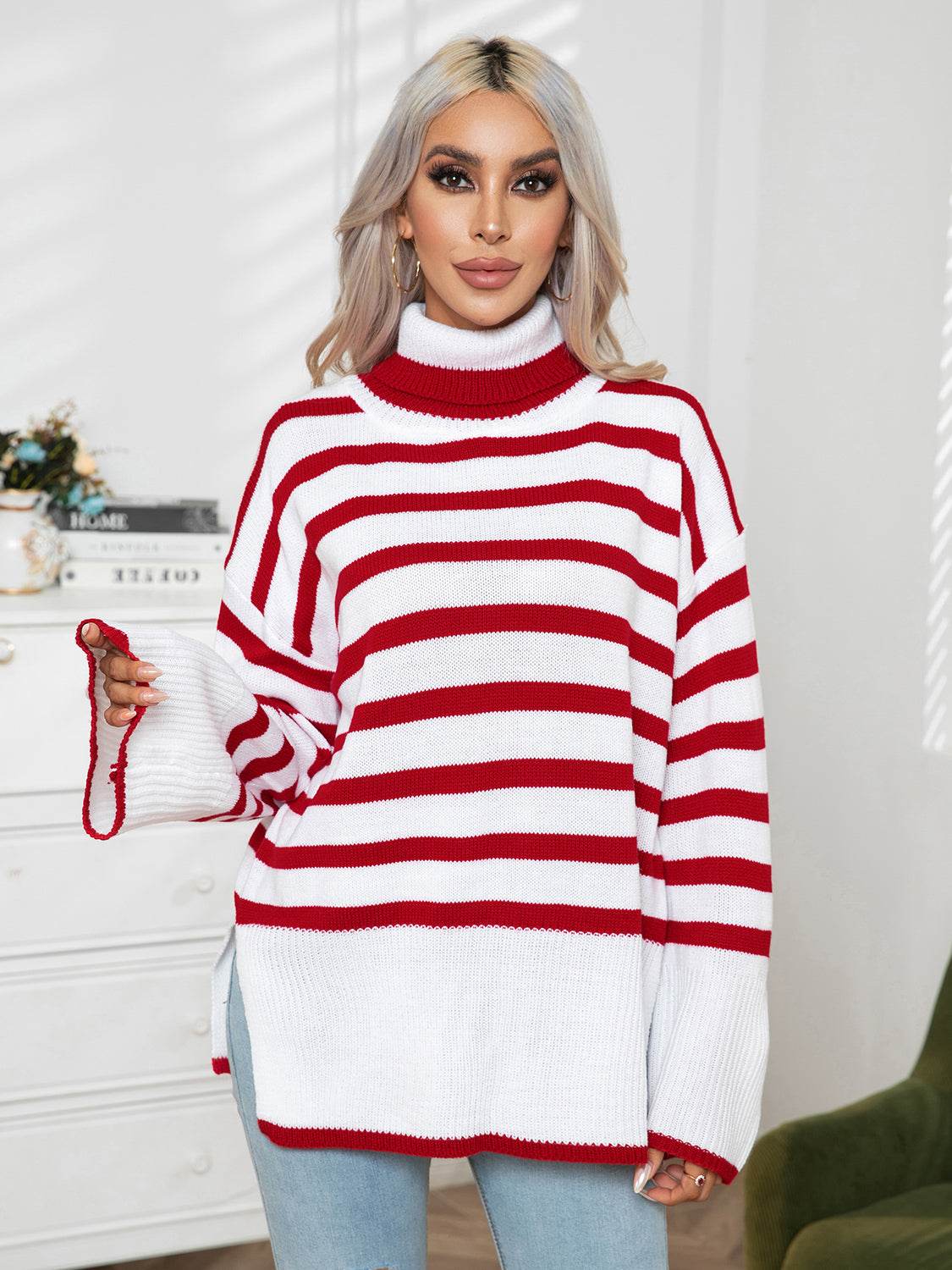 Striped Slit Turtleneck Drop Shoulder Sweater Deep Red for a perfect OOTD – dress to impress outfits from Amexza