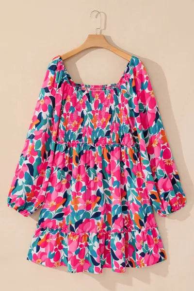 Plus Size Smocked Floral Square Neck Balloon Sleeve Dress for a perfect OOTD – dress to impress outfits from Amexza