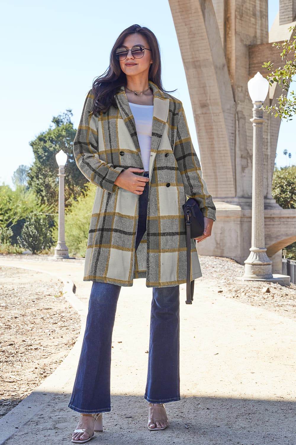 Double Take Full Size Plaid Button Up Lapel Collar Coat - Amexza