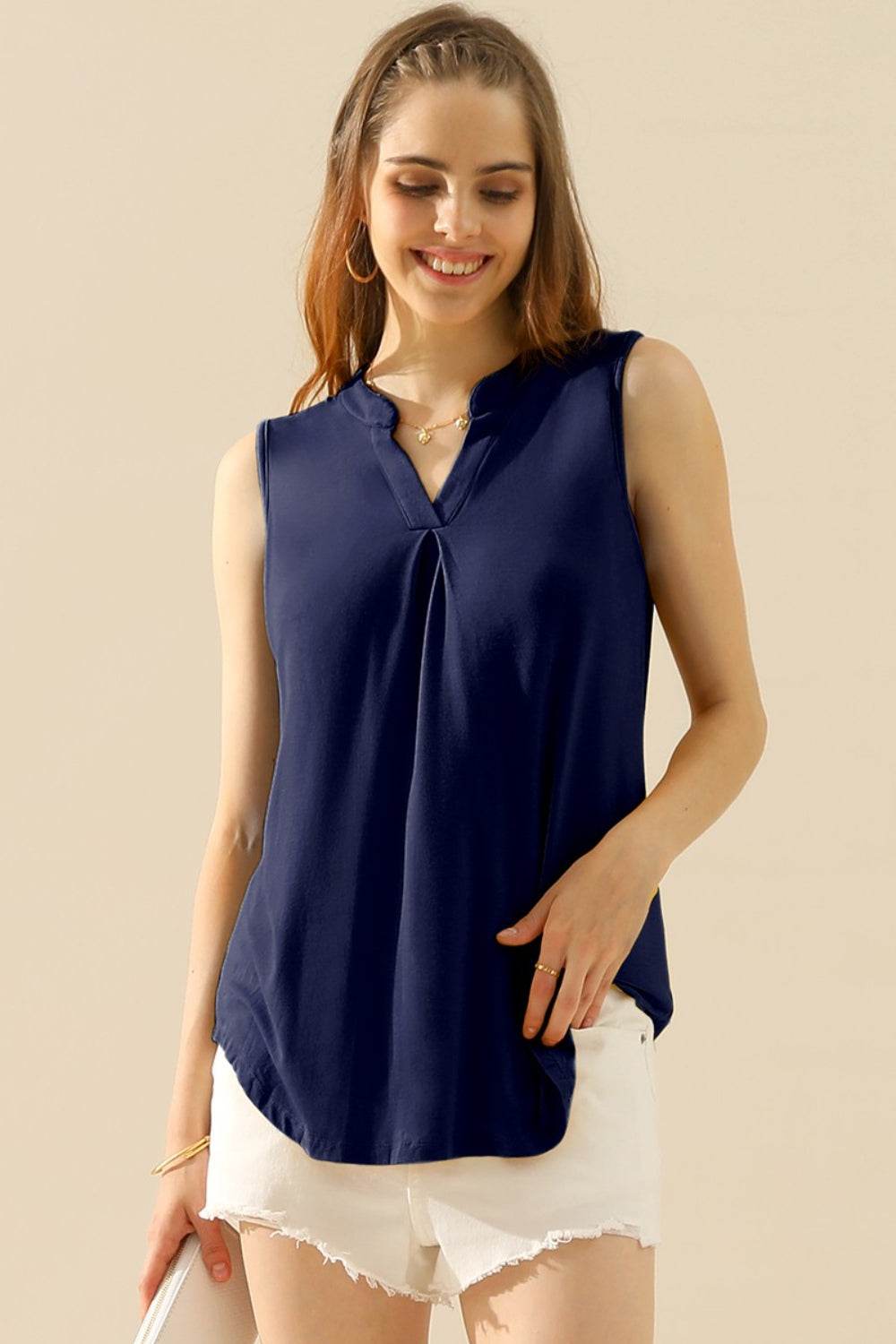 Ninexis Full Size Notched Sleeveless Top NAVY for a perfect OOTD – dress to impress outfits from Amexza