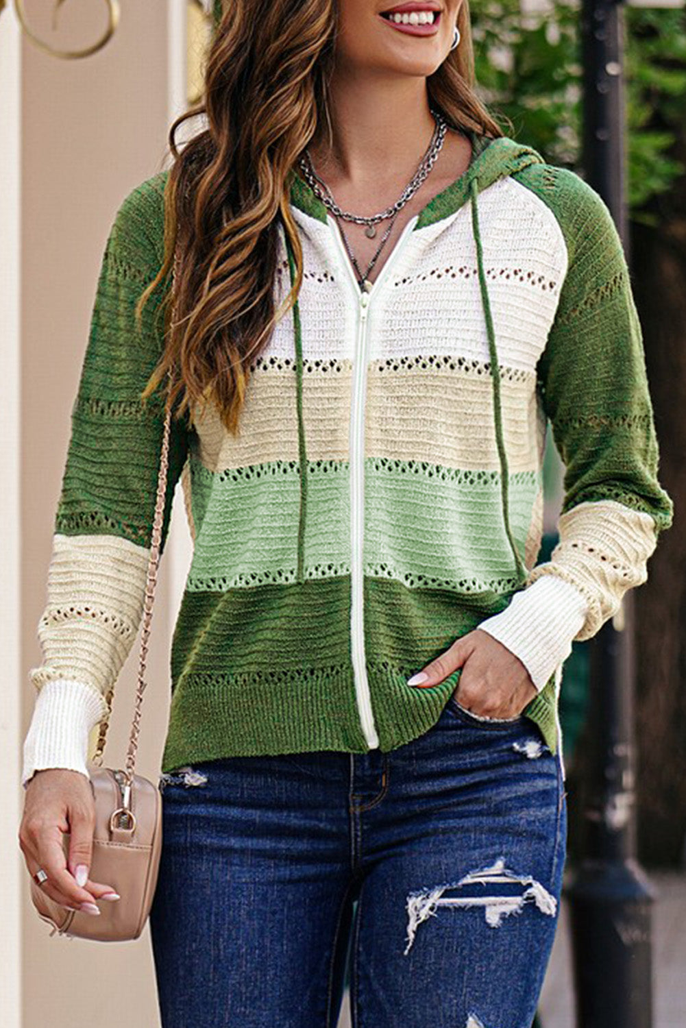 Zip-Up Raglan Sleeve Openwork Hooded Cardigan Green for a perfect OOTD – dress to impress outfits from Amexza