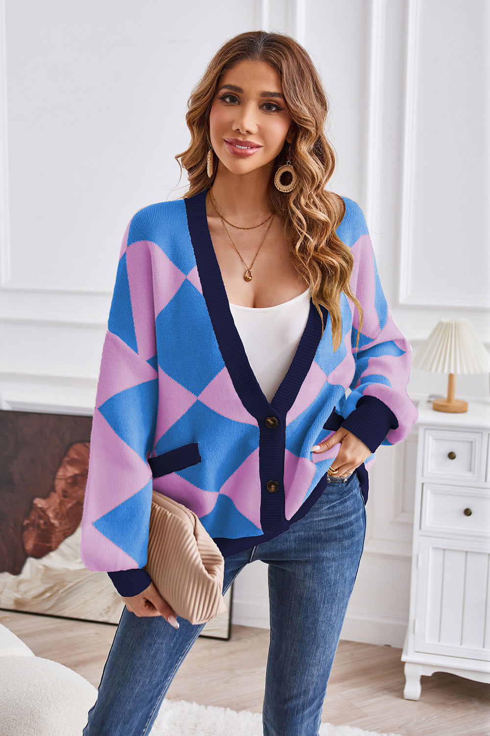 Geometric Lantern Sleeve Cardigan with Pockets for a perfect OOTD – dress to impress outfits from Amexza