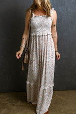 Ruffled Smocked Printed Sleeveless Maxi Dress - Amexza