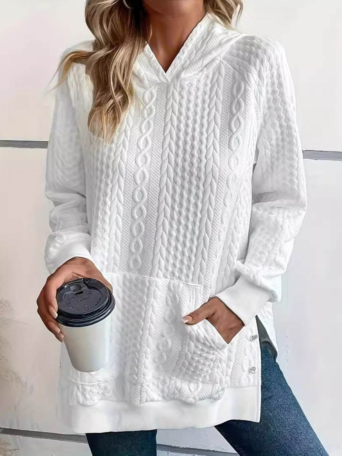 Plus Size Texture Long Sleeve Hoodie - Amexza